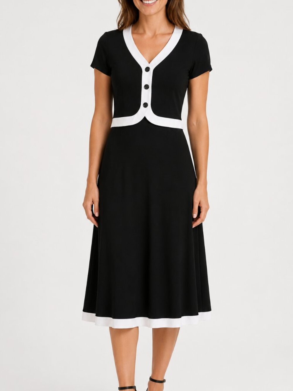 Black and White Contrast V‑Neck Midi Dress